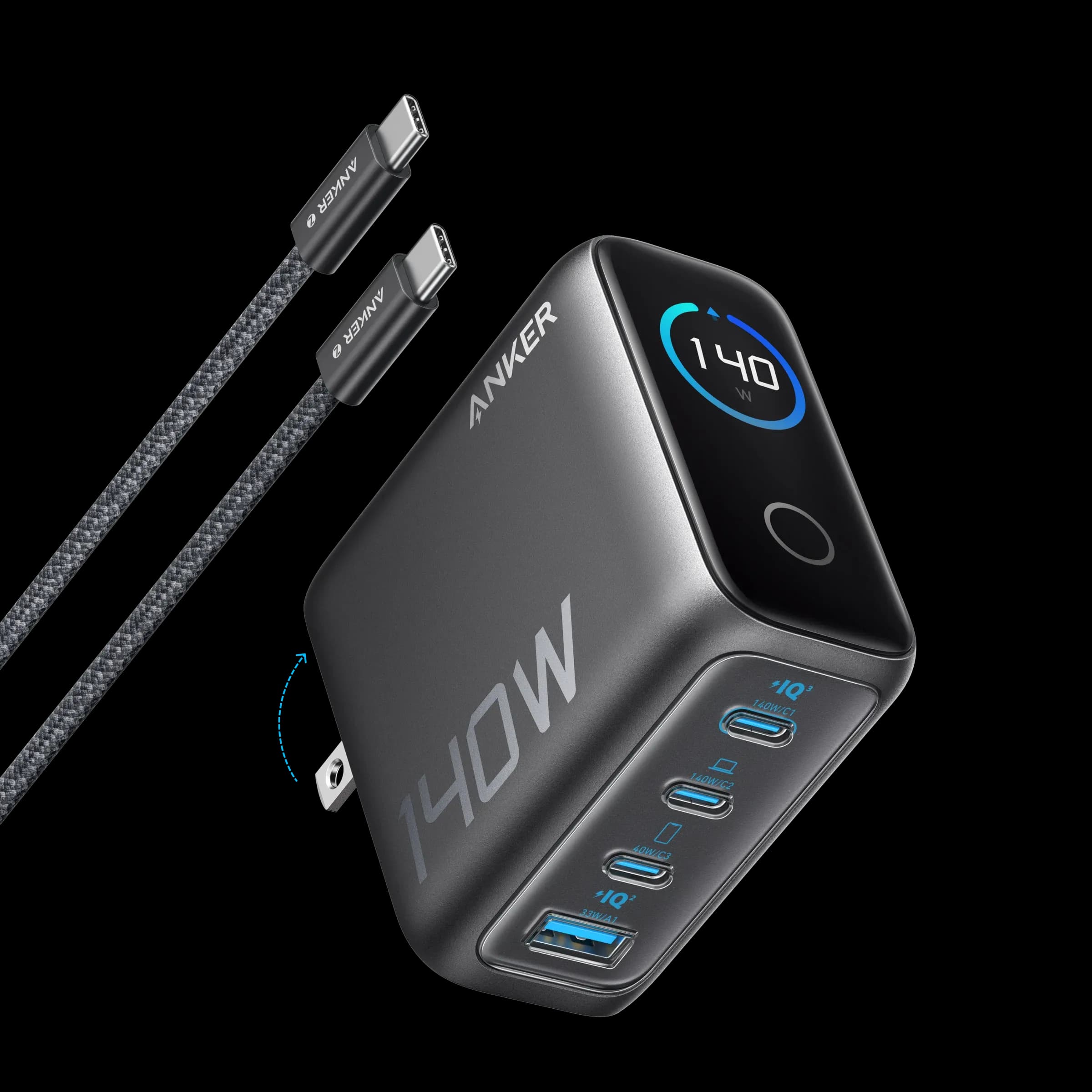 Anker Charger (140W, 4-Port, PD 3.1) with USB-C Cable- Dark Gray